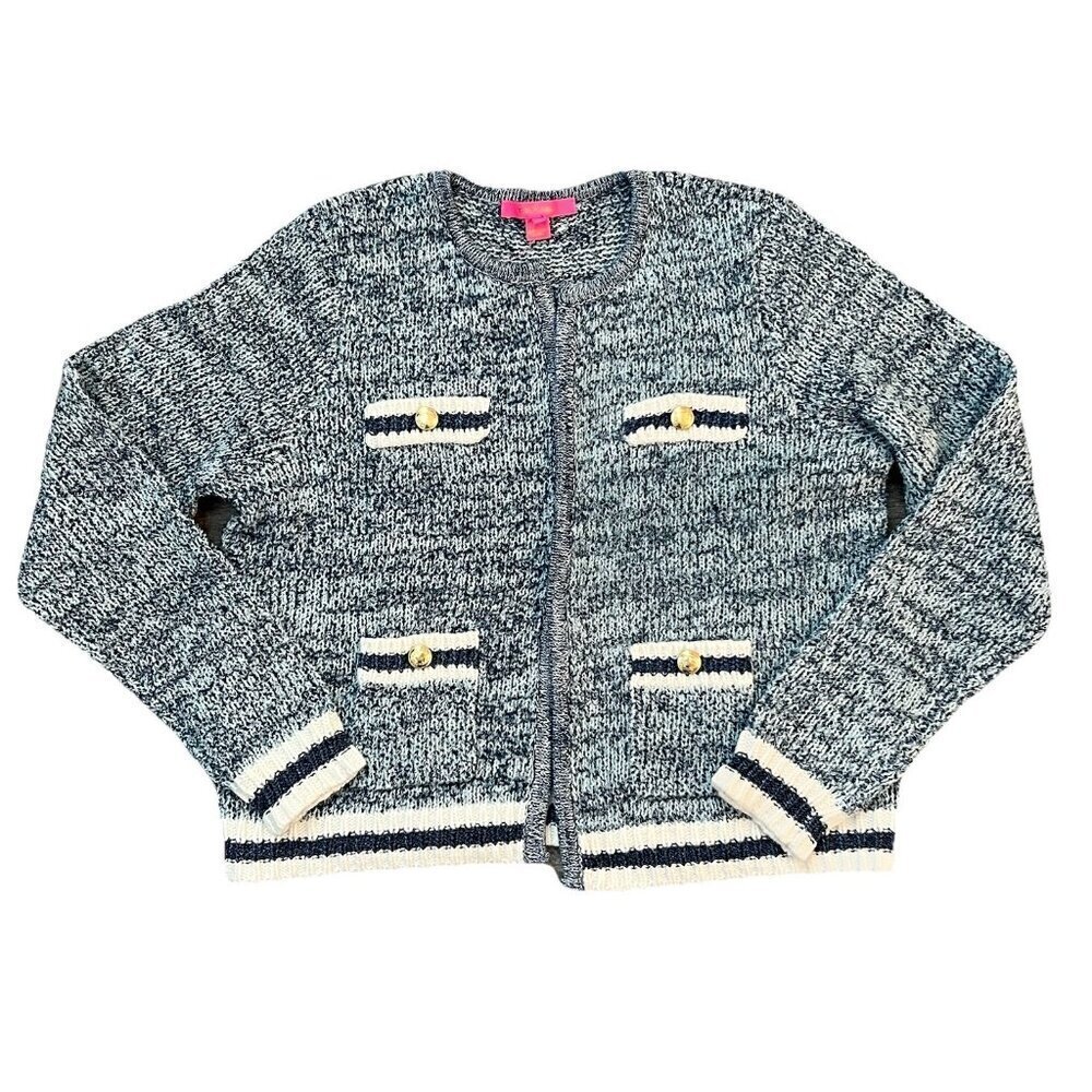 Lilly Pulitzer Beckington Cardigan Abaco Blue Marl Size Large Sweater Tweed